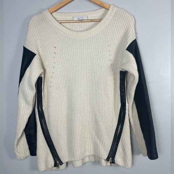 Milly cashmere wool angora Oversized Ribbed Leather-Sleeve Sweater Women XS - Picture 3 of 8